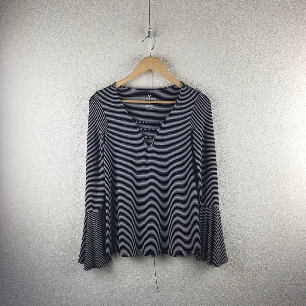 American Eagle Outfitters l S Soft & Sexy T Black White Stripe Long Bell Sleeves